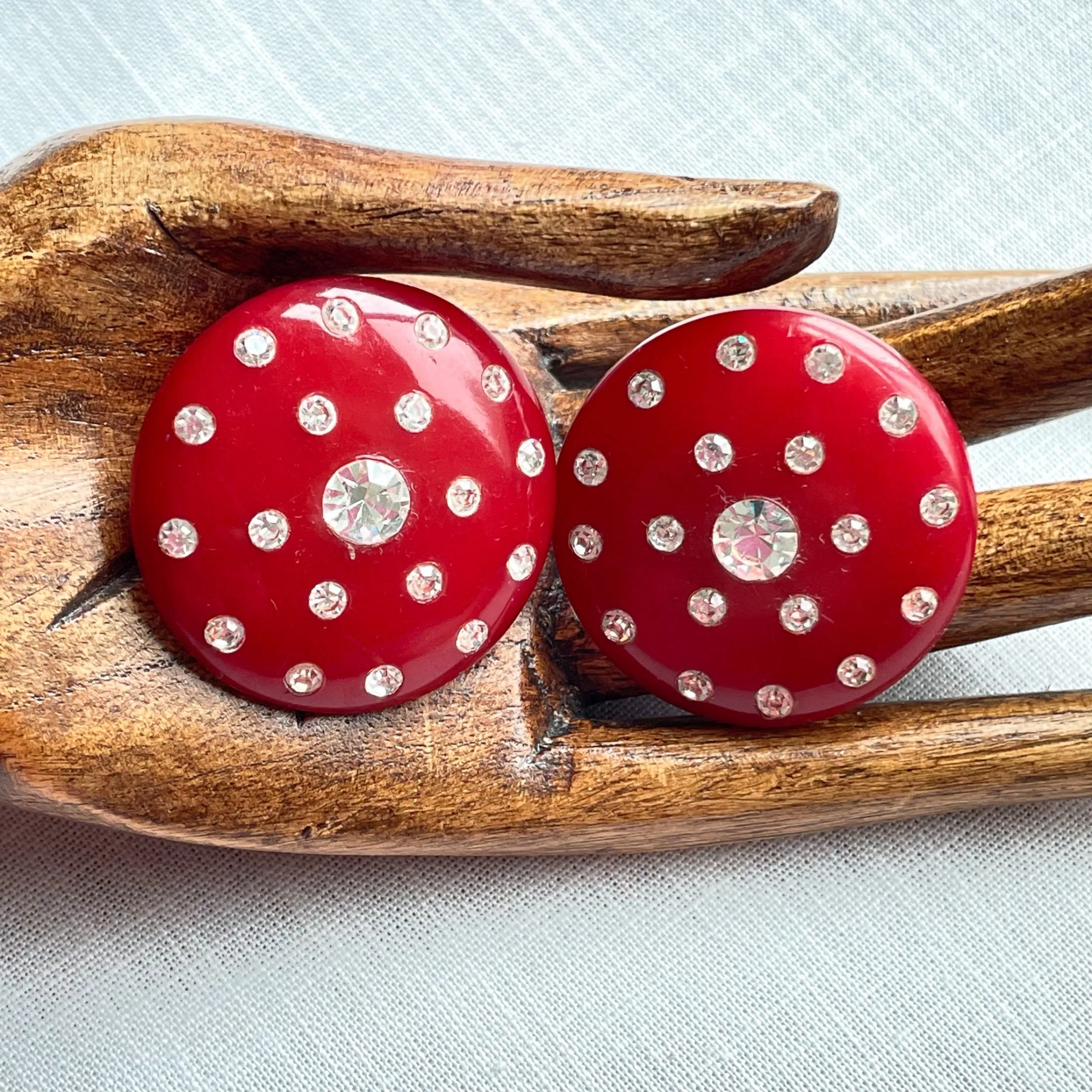 Red Earrings Lucite/Plastic Earrings   Rhinestones