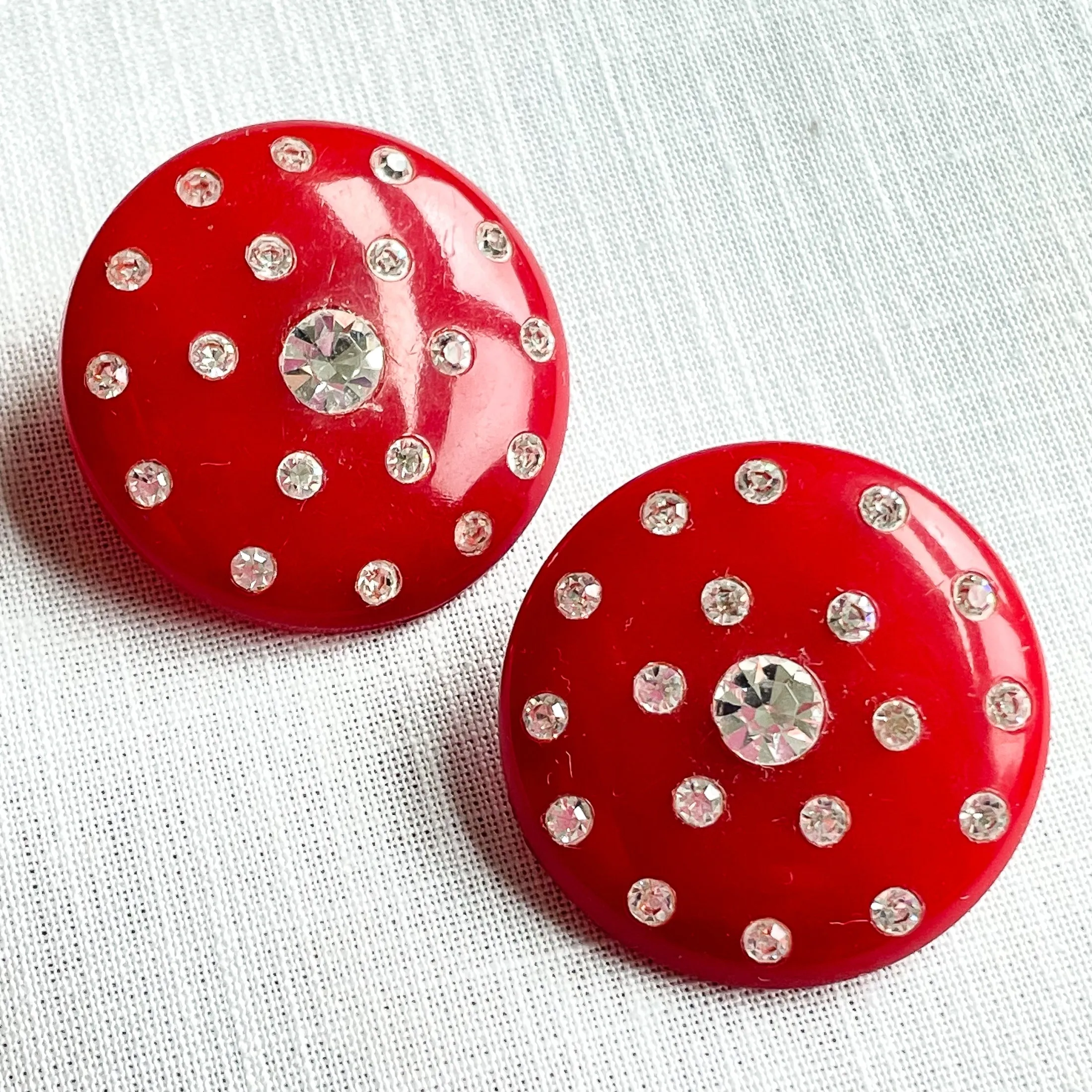 Red Earrings Lucite/Plastic Earrings   Rhinestones