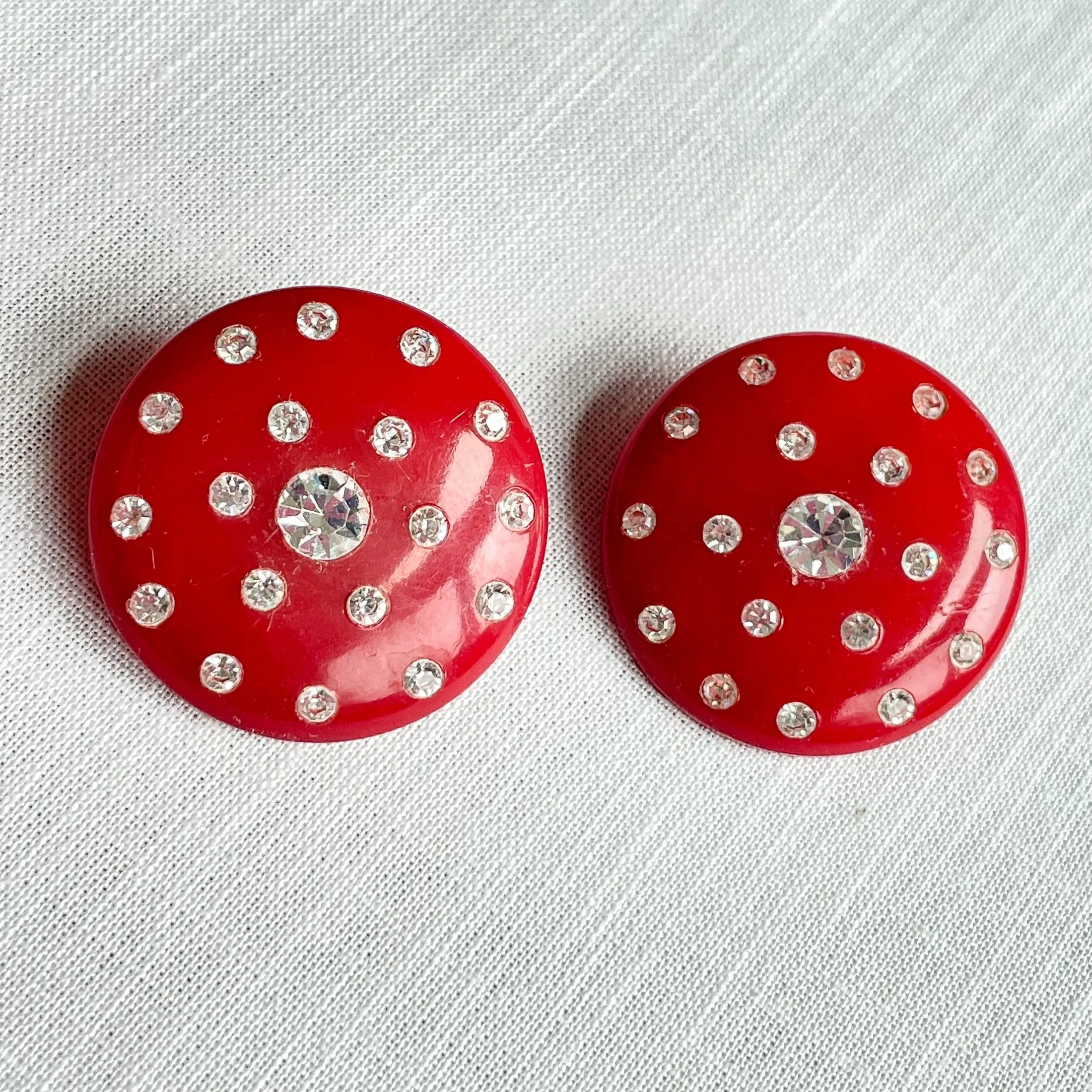 Red Earrings Lucite/Plastic Earrings   Rhinestones