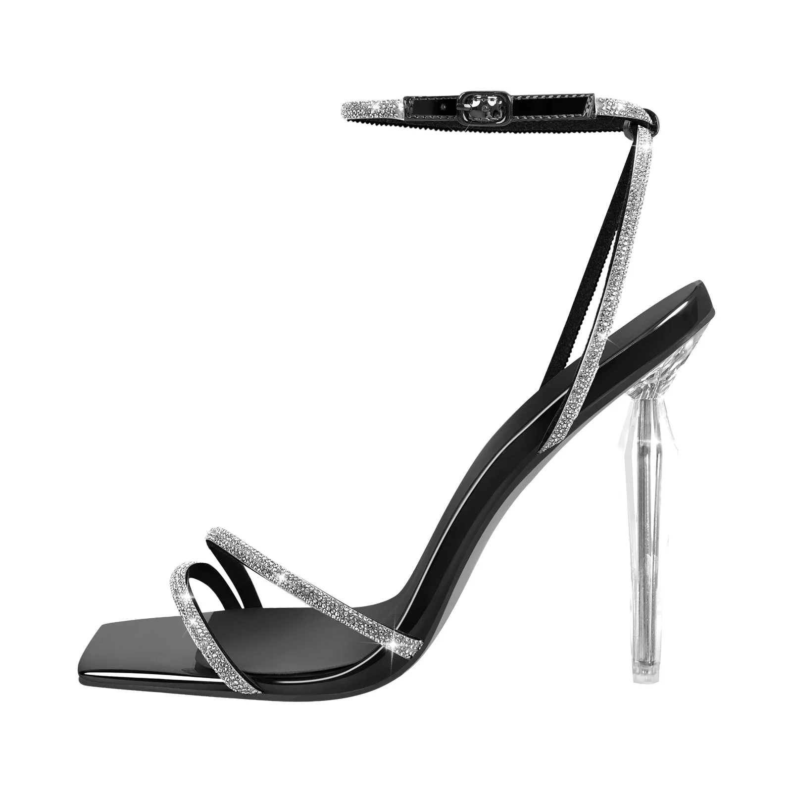 Rhinestone Square Toe Ankle Strap Clear Heel Sandals