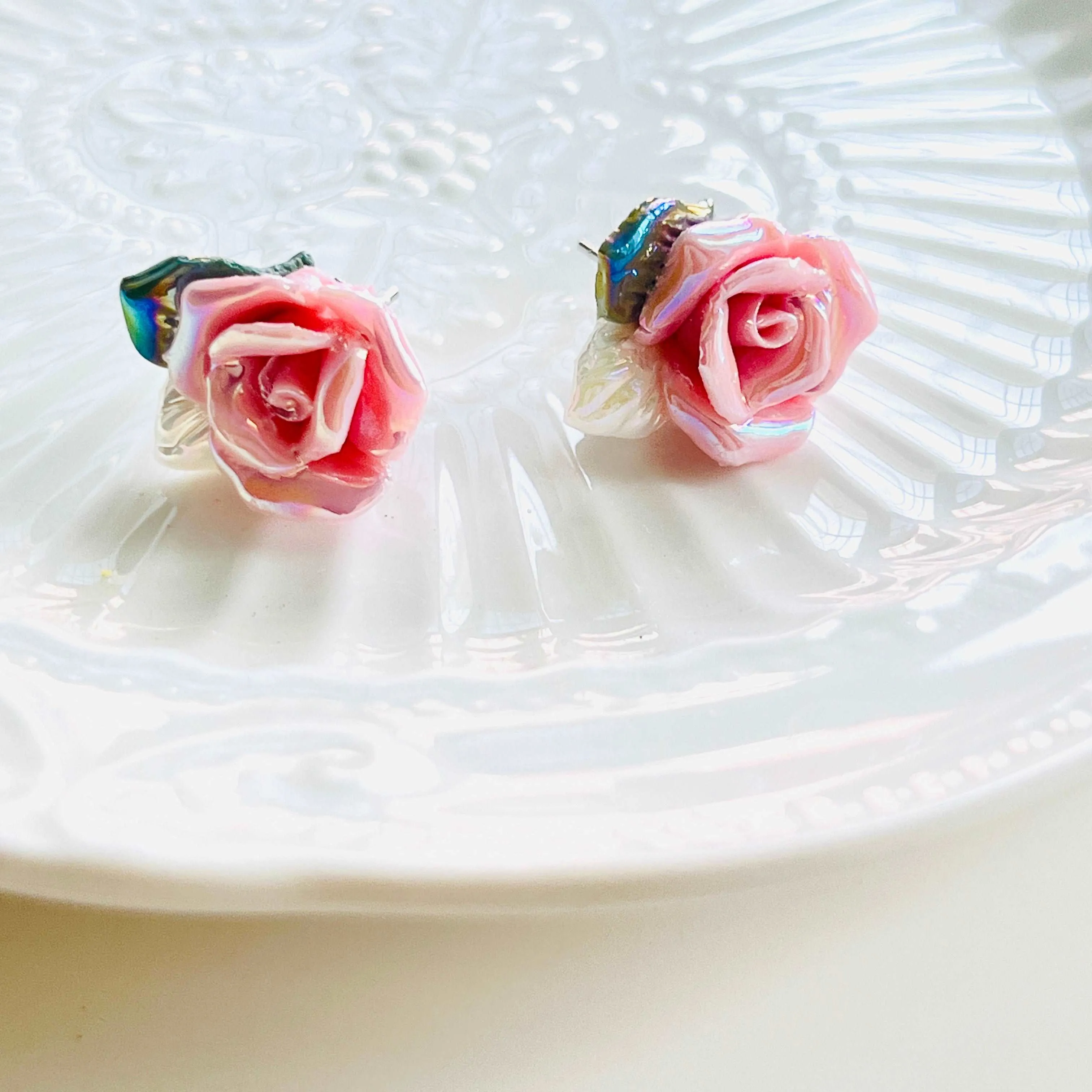 Shimmering Ceramic Rose Flower Stud Earrings