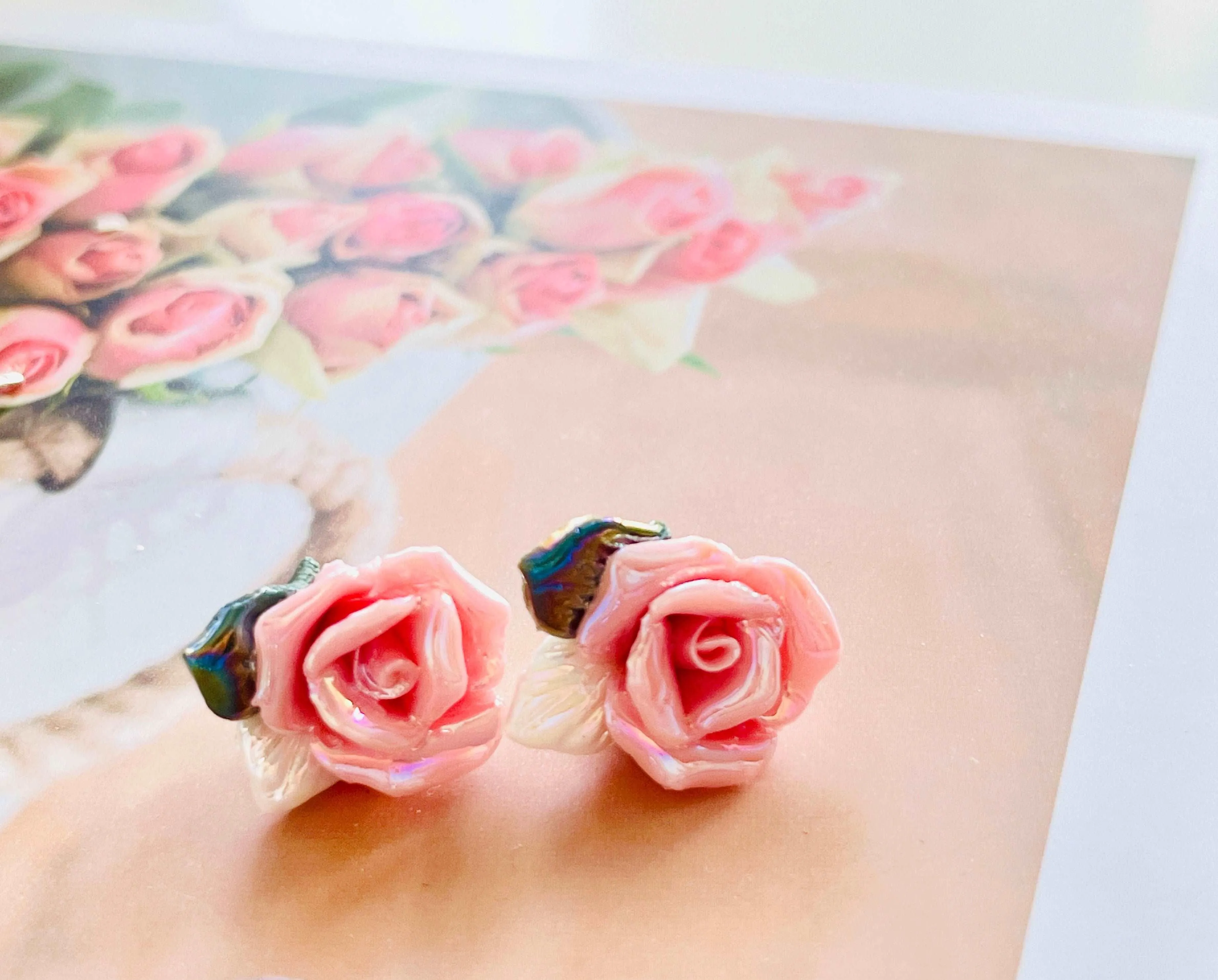 Shimmering Ceramic Rose Flower Stud Earrings