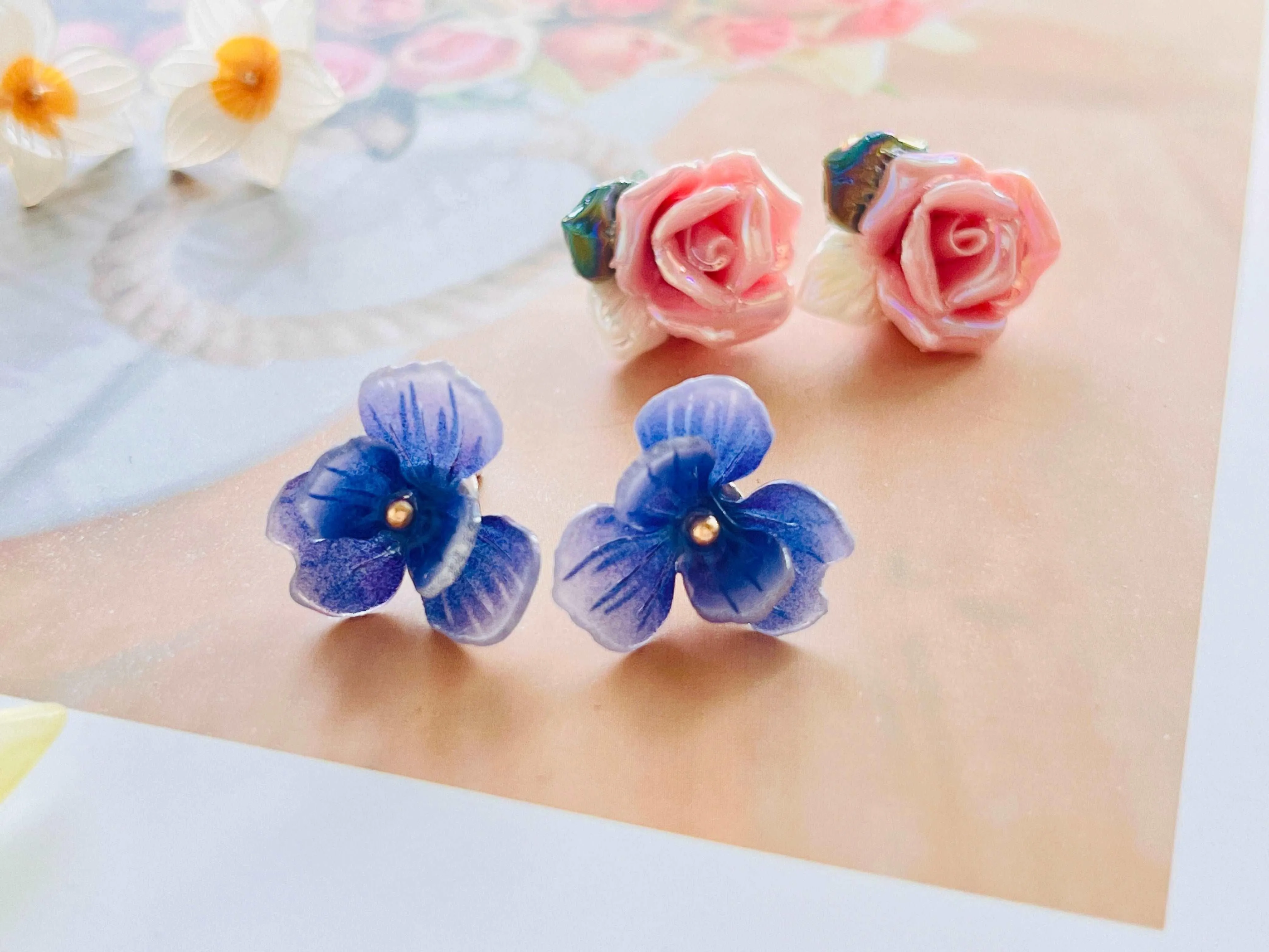 Shimmering Ceramic Rose Flower Stud Earrings