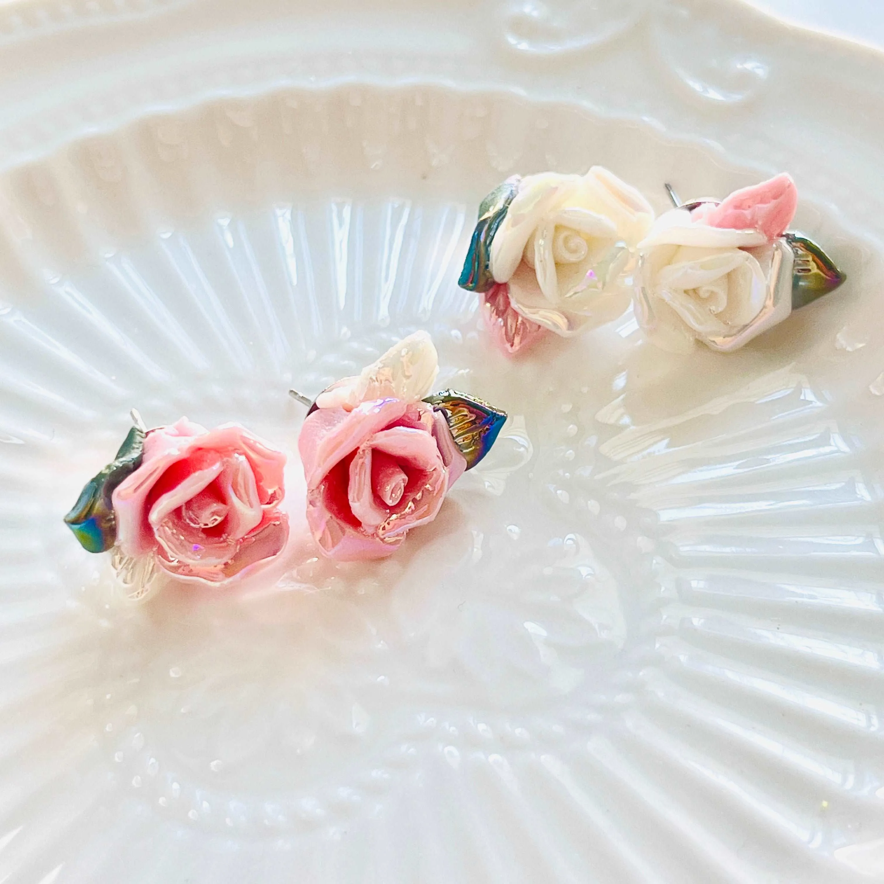 Shimmering Ceramic Rose Flower Stud Earrings