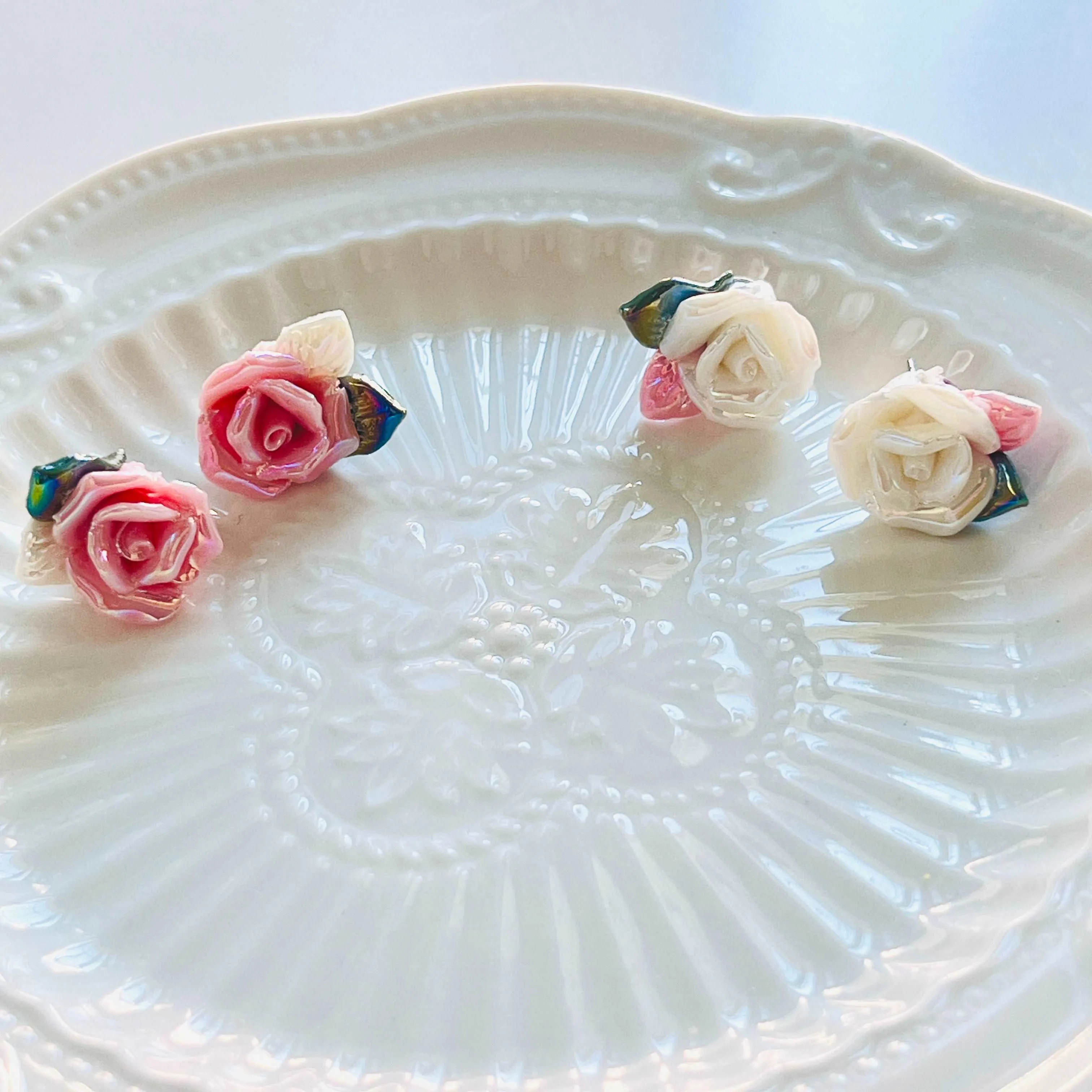 Shimmering Ceramic Rose Flower Stud Earrings