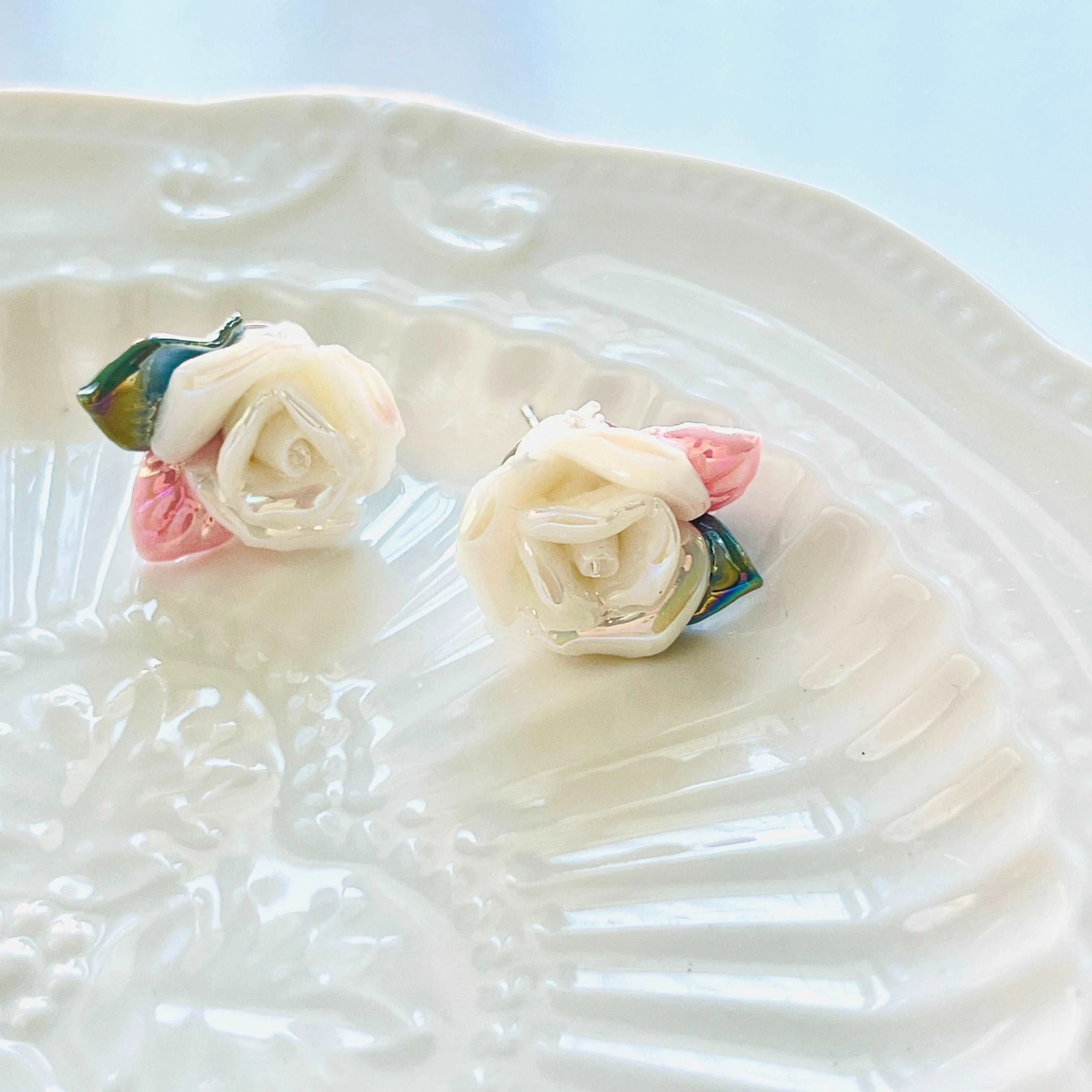 Shimmering Ceramic Rose Flower Stud Earrings