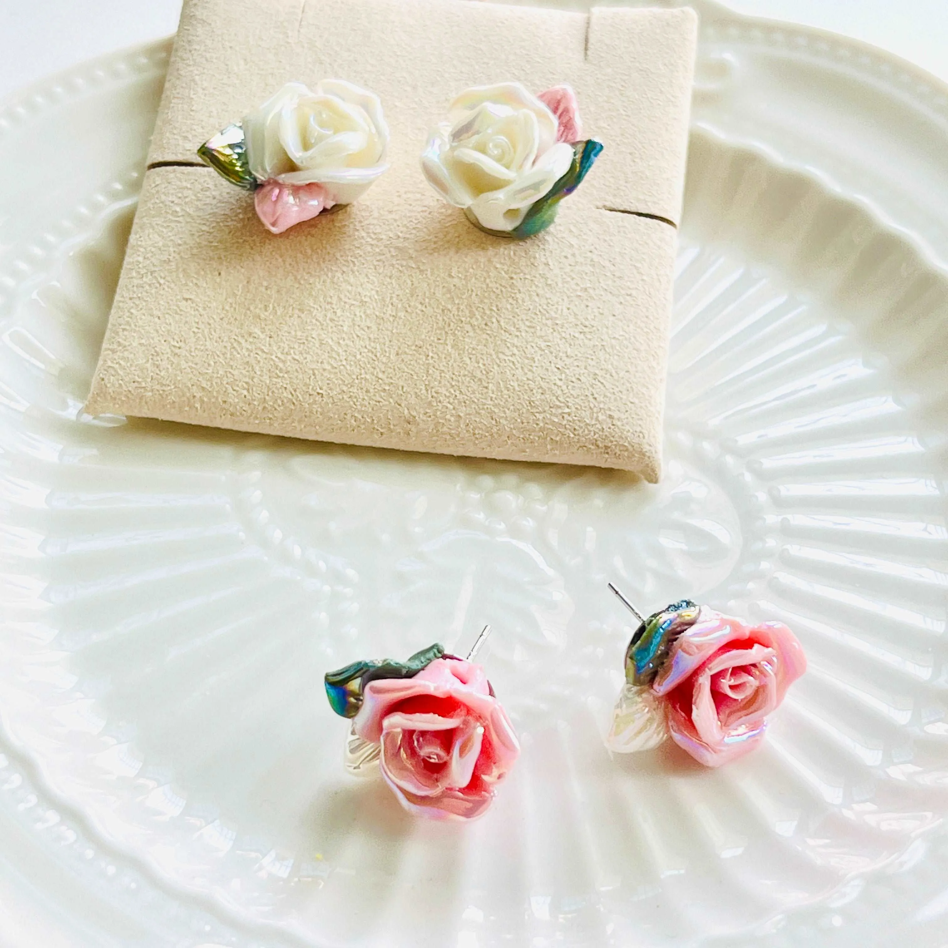 Shimmering Ceramic Rose Flower Stud Earrings