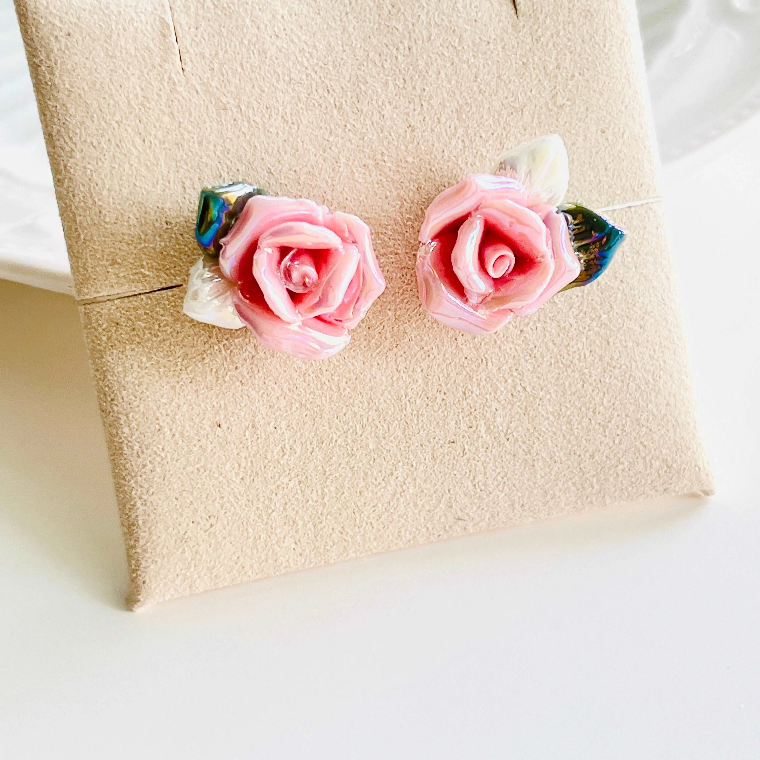 Shimmering Ceramic Rose Flower Stud Earrings