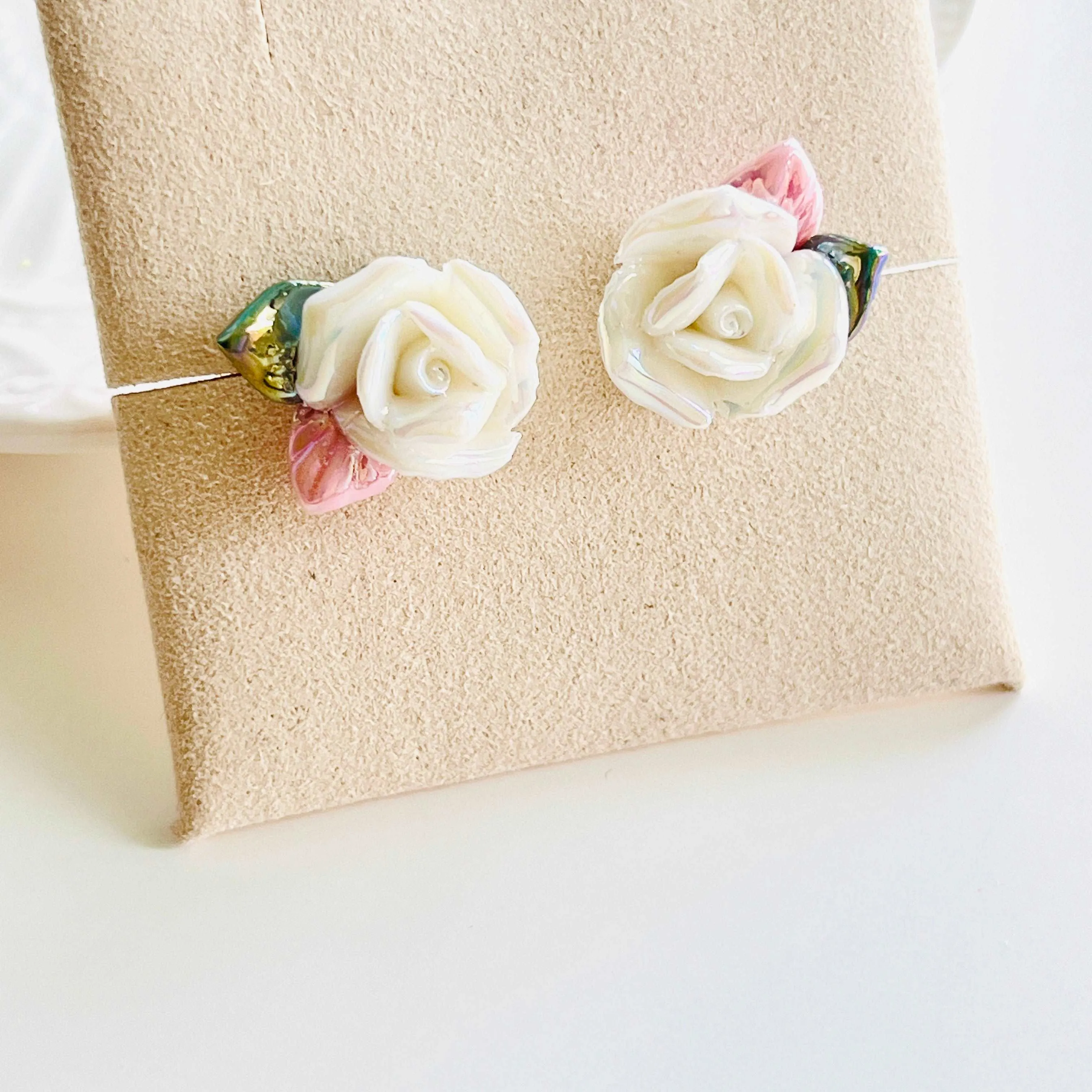 Shimmering Ceramic Rose Flower Stud Earrings