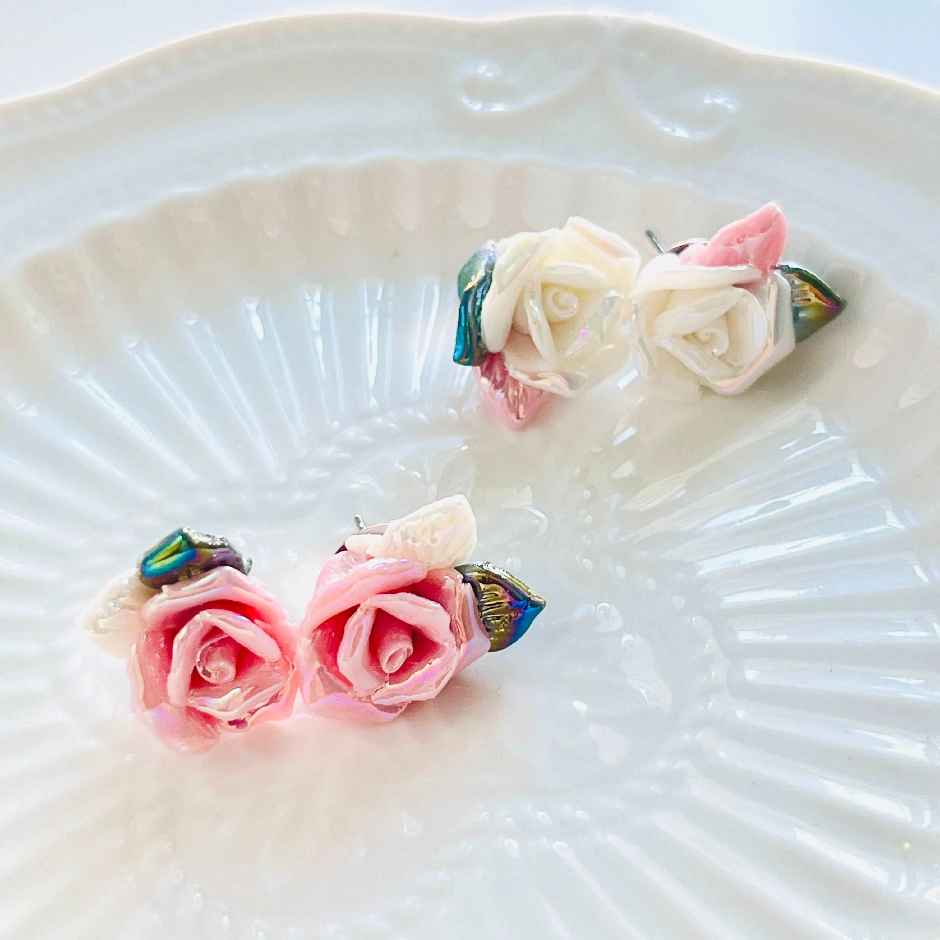 Shimmering Ceramic Rose Flower Stud Earrings