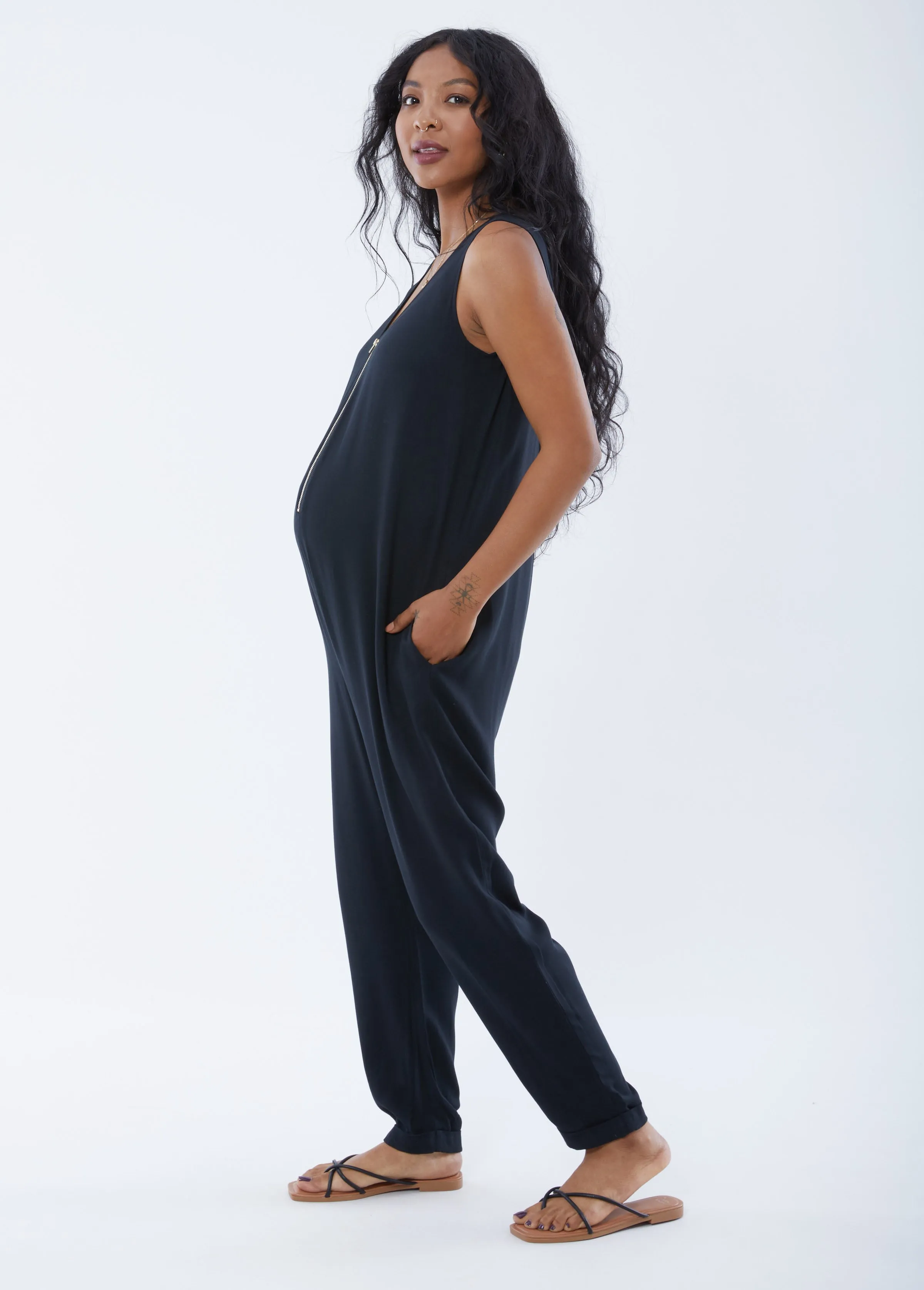 Sleeveless Zip Front Maternity Jumpsuit