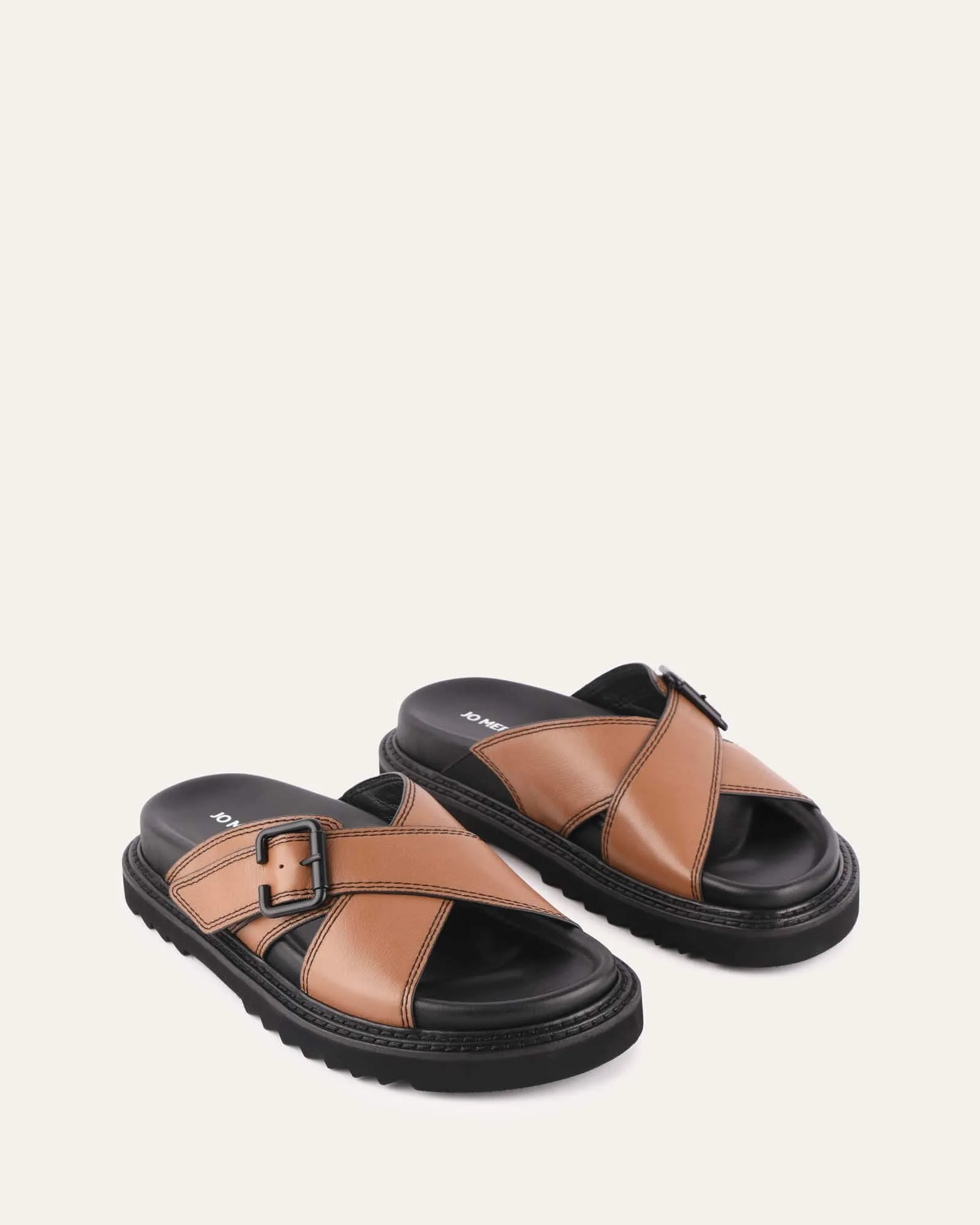 VENOM FLAT SLIDE SANDALS DARK TAN LEATHER