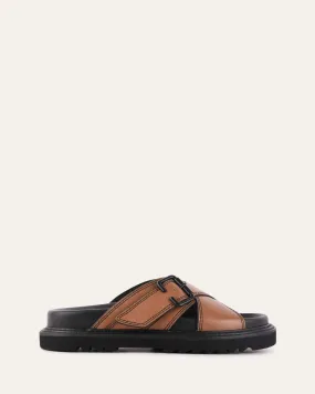 VENOM FLAT SLIDE SANDALS DARK TAN LEATHER